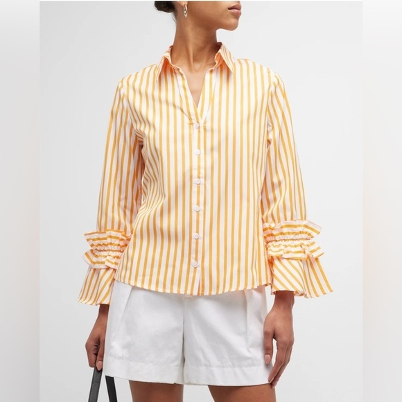 Harshman Tops - Harshman Selina Cotton Button Front Ruffle-Trim Top Women’s XS Striped Marigold